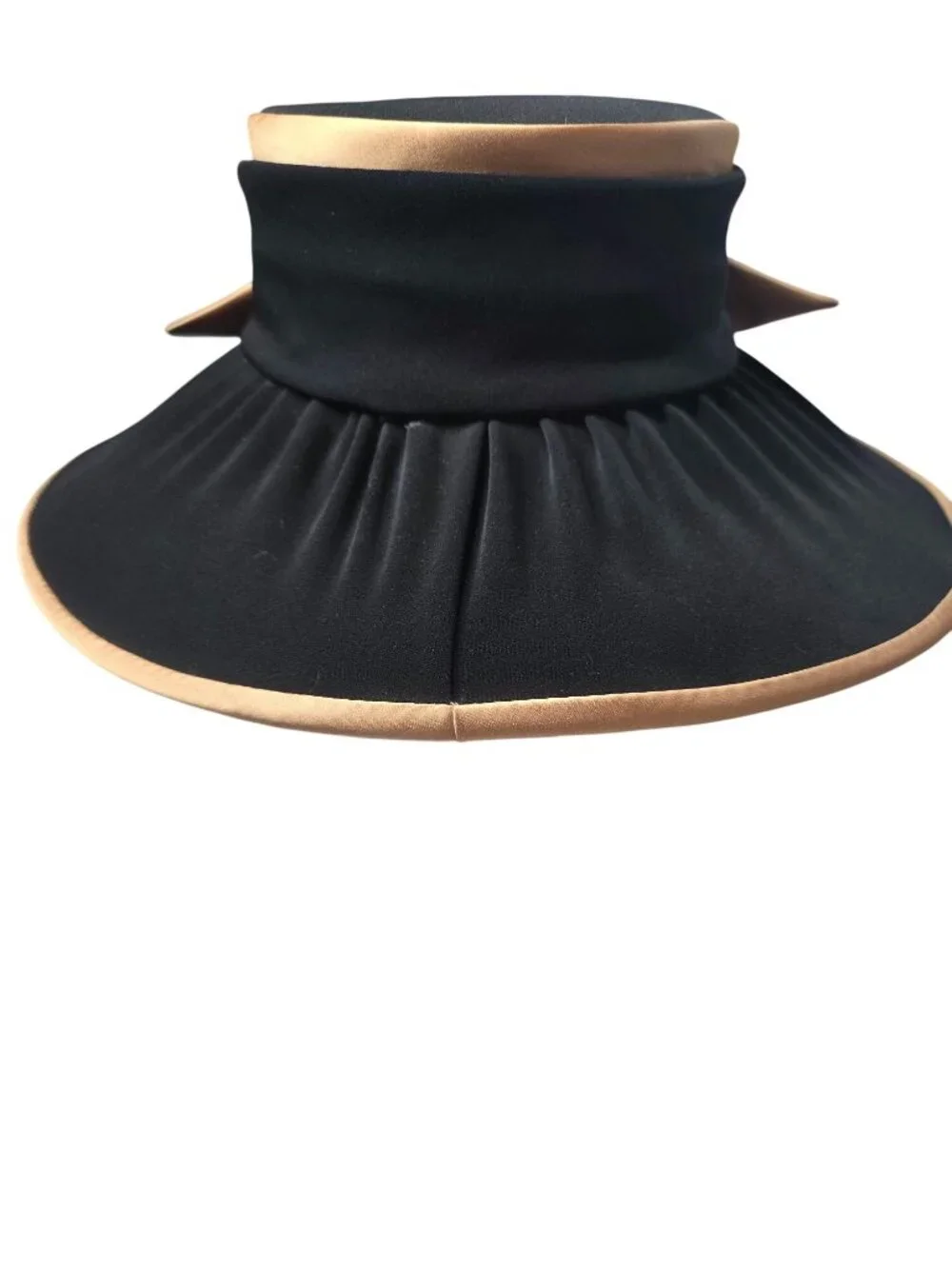 Wide Brim Black & Gold Hat With Satin Bow Feathers & Rhinestone Accent By Clara